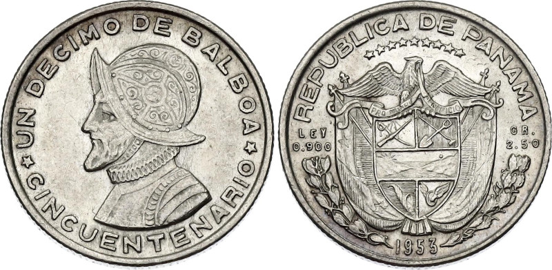 Panama 1/10 Balboa 1953

KM# 18, N# 2134; Silver 2.50 g.; 50th Anniversary of ...