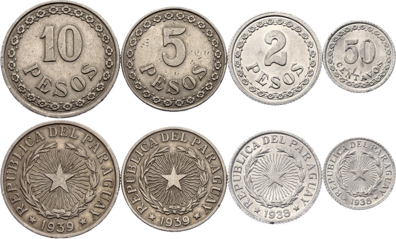 Paraguay 50 Centavos - 2 - 5 - 10 Pesos 1938 - 1939

KM# 15, 17, 18, 19; XF/UN...