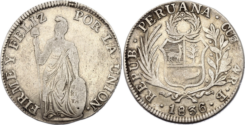 Peru 4 Reales 1836 CUZco B

KM# 151.1, N# 27125; Silver; Cuzco Mint; VF+