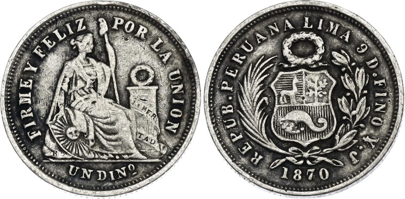 Peru 1 Dinero 1870 YJ

KM# 190, N# 5416; Silver; XF-