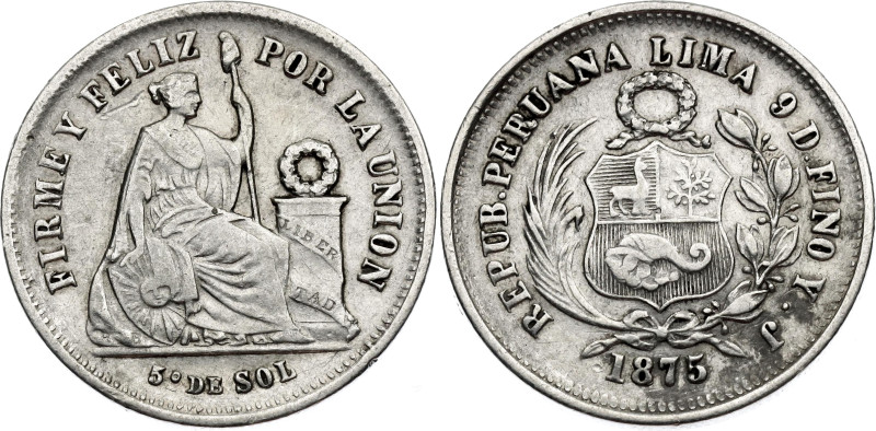 Peru 1/5 Sol 1875 YJ

KM# 191, N# 13841; Silver; XF