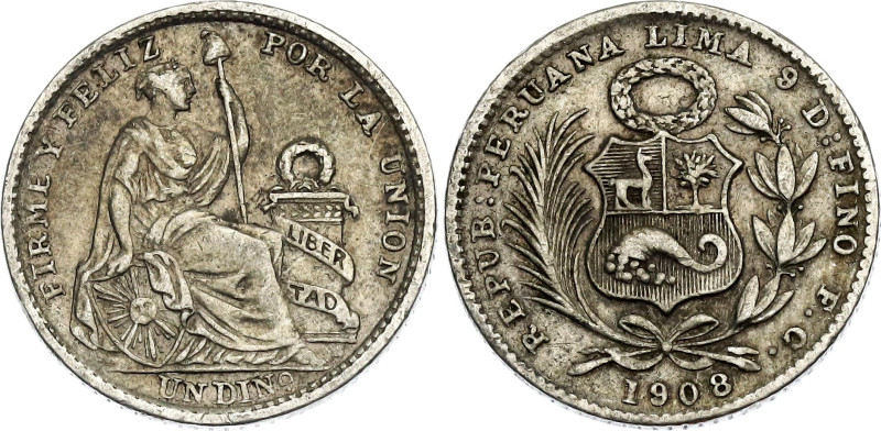 Peru 1 Dinero 1908 FG

KM# 204.2, N# 9064; Silver; XF