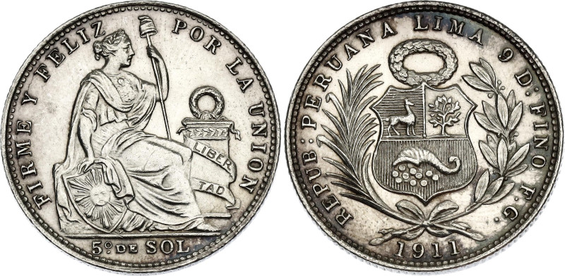 Peru 1/5 Sol 1911 FG

KM# 205.2, N# 5415; Silver; UNC with full mint luster