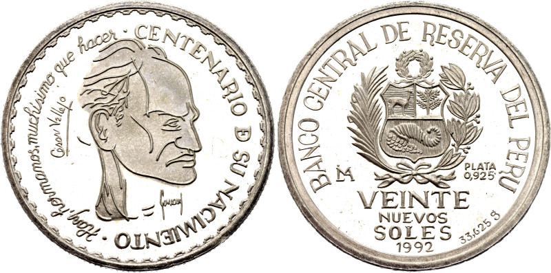 Peru 20 Nuevos Soles 1992

KM# 315, N# 28524; Silver 33.62 g., Proof; 100th Bi...