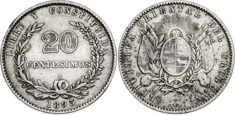 Uruguay 20 Centesimos 1893 So

KM# 15, N# 4360; Silver; Santiago Mint; XF