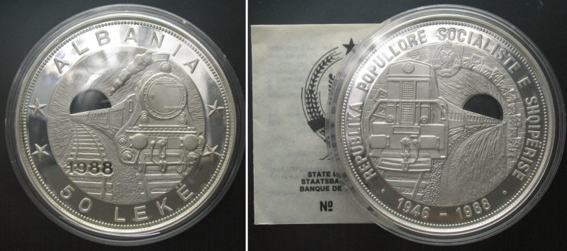 ALBANIA. 50 Leke 1988, FIRST RAILROAD, silver, 5 oz, w. COA. KM# 62.