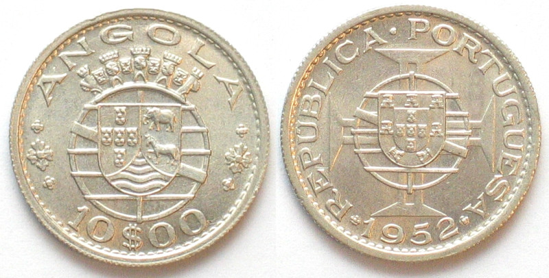 ANGOLA. Portuguese, 10 Escudos 1952, silver, BU! KM# 73