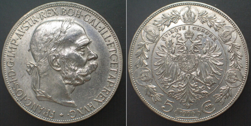 ÖSTERREICH. K.u.K. 5 Kronen 1900, Franz Joseph I. Silber, unz-! KM# 2807.