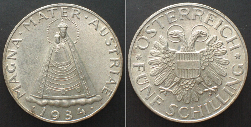 ÖSTERREICH. 5 Schilling 1934, Silber, unz! ERHALTUNG! KM# 2853.