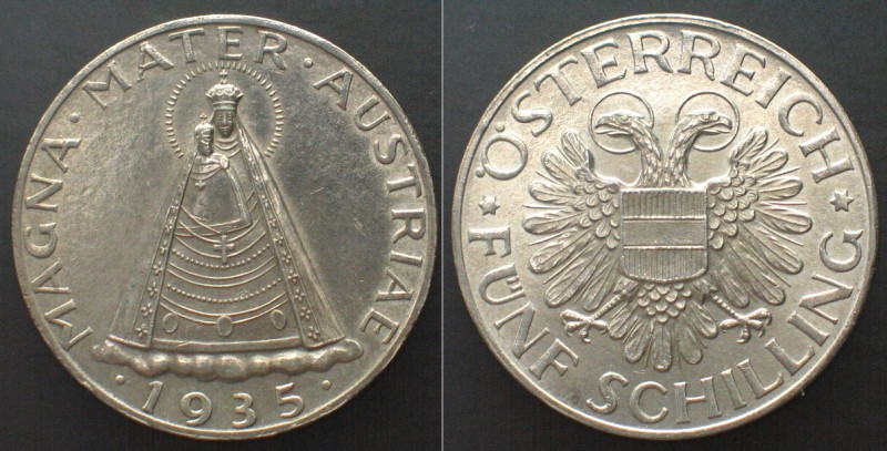 ÖSTERREICH. 5 Schilling 1935, Silber, unz-! ERHALTUNG! KM# 2853.