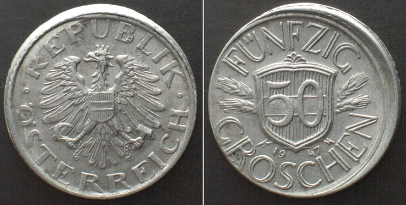 ÖSTERREICH. 50 Groschen 1947, FEHLPRÄGUNG, unz-. KM# 2870.