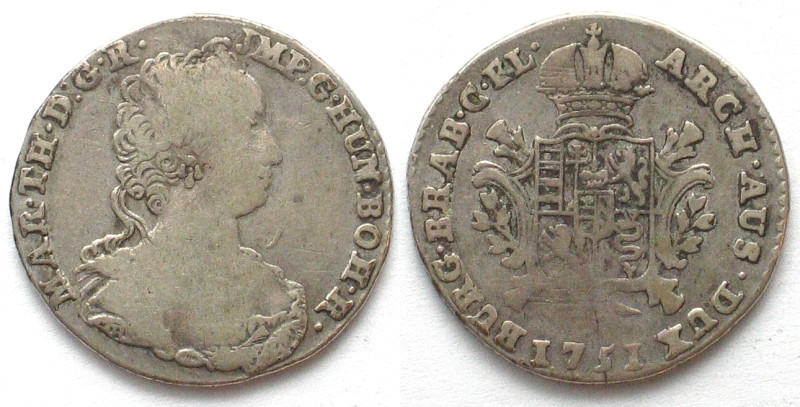 AUSTRIAN NETHERLANDS. 1/4 Ducaton 1751 (l), Bruges mint, MARIA THERESA, silver, ...