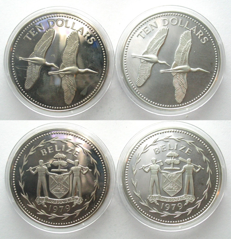 BELIZE. 2 x 10 Dollars 1979 FM (P), Birds, JABIRUS, Cu-Ni & silver, Proof SCARCE...