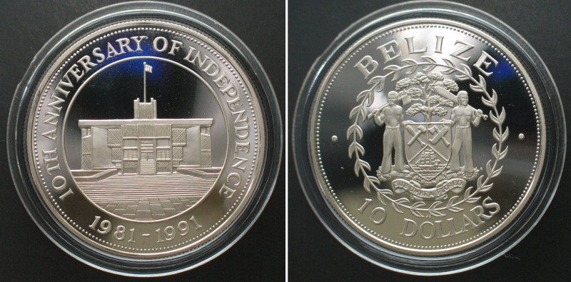 BELIZE. 10 Dollars 1991, 10TH ANN. OF INDEPENDENCE, silver, Proof, SCARCE! KM # ...