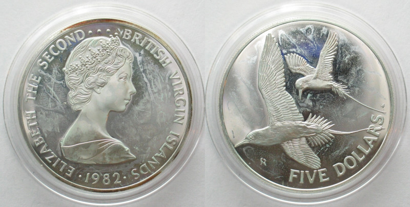 BRITISH VIRGIN ISLANDS. 5 Dollars 1982 FM, WHITE-TAILED TROPIC BIRDS, silver, SC...