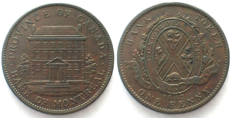 CANADA. LOWER CANADA 1842 Penny token, BANK OF MONTREAL, 2 Sous copper, AU! Bret...