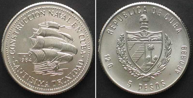 CUBA 5 Pesos 1984 Ship SANTISIMA TRINIDAD silver, BU. KM# 119.