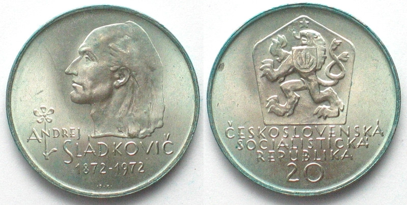 CZECHOSLOVAKIA. 20 Korun 1972, ANDREJ SLADKOVIC, silver, UNC! KM# 58.