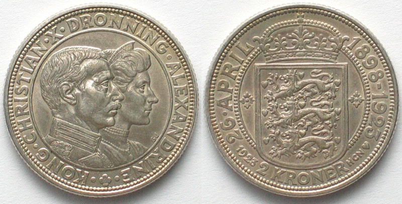 DENMARK. 2 Kroner 1923, Silver Wedding, CHRISTIAN X, silver, UNC-! KM# 821.