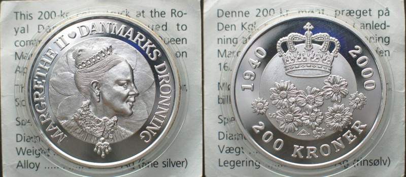 DENMARK. 200 Kroner 2000, 60th Birthday, MARGRETHE II, silver, Proof. KM# 886. W...