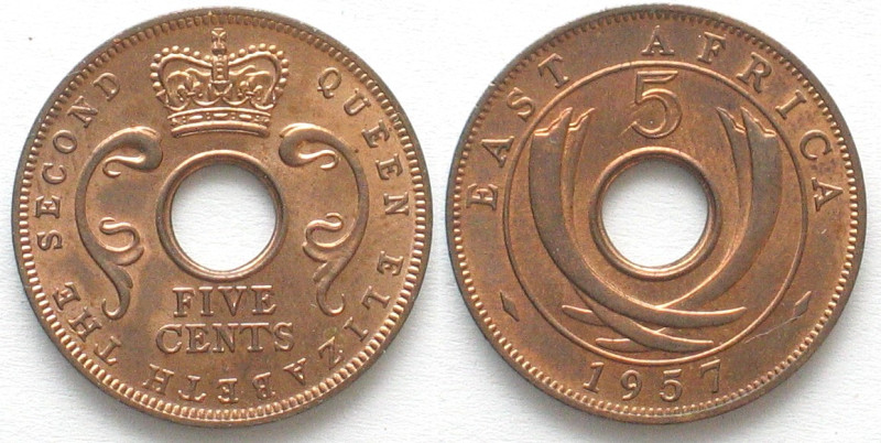 EAST AFRICA. 5 Cents 1957 H, Elizabeth II, bronze, die rotation error ca.30°, BU...