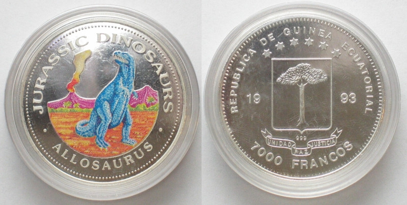 EQUATORIAL GUINEA. 7000 Francos 1993, Allosaurus, DINOSAURS, silver, Proof, COLO...