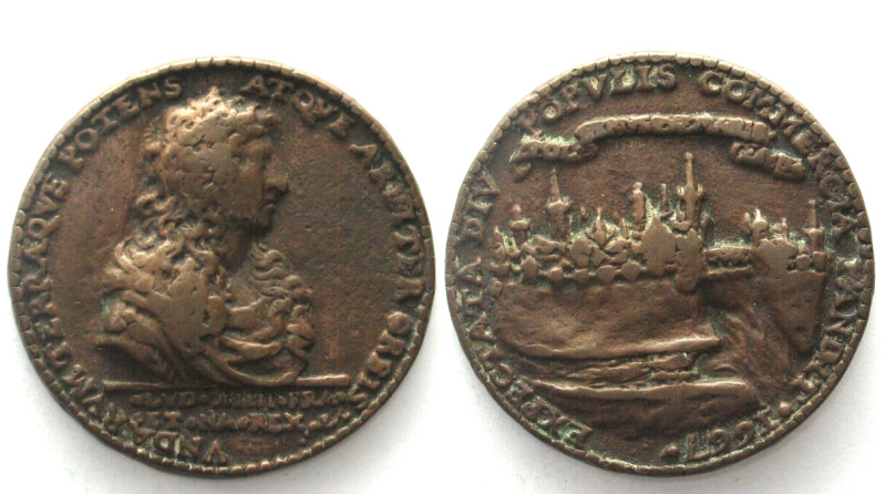 LOUIS XIV. Medal 1667, CANAL DU LANGUEDOC, cast bronze, 52mm, VF VNDARVM TERRAQV...