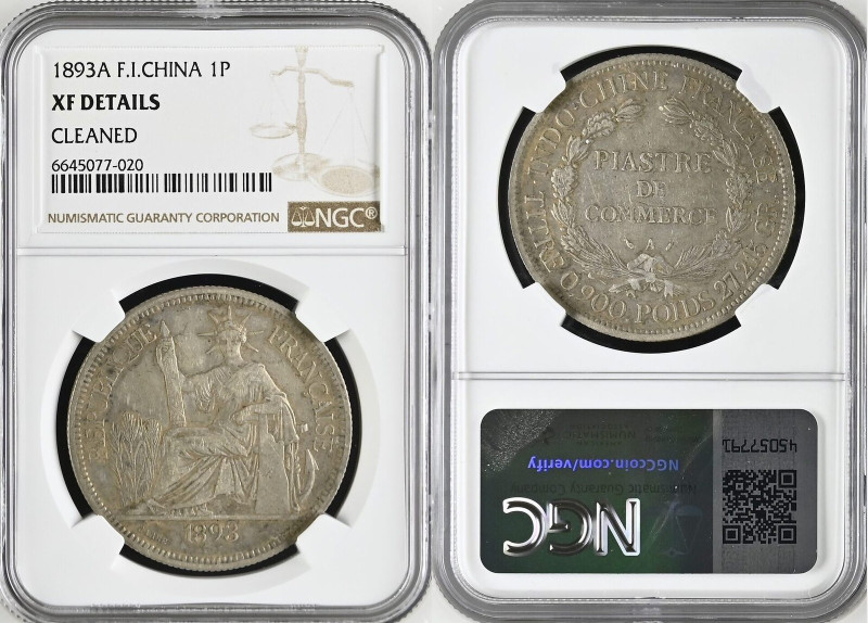 FRENCH INDO-CHINA. 1 Piastre 1893 A, silver, NGC XF Details. KM# 5, Lecompte 273...