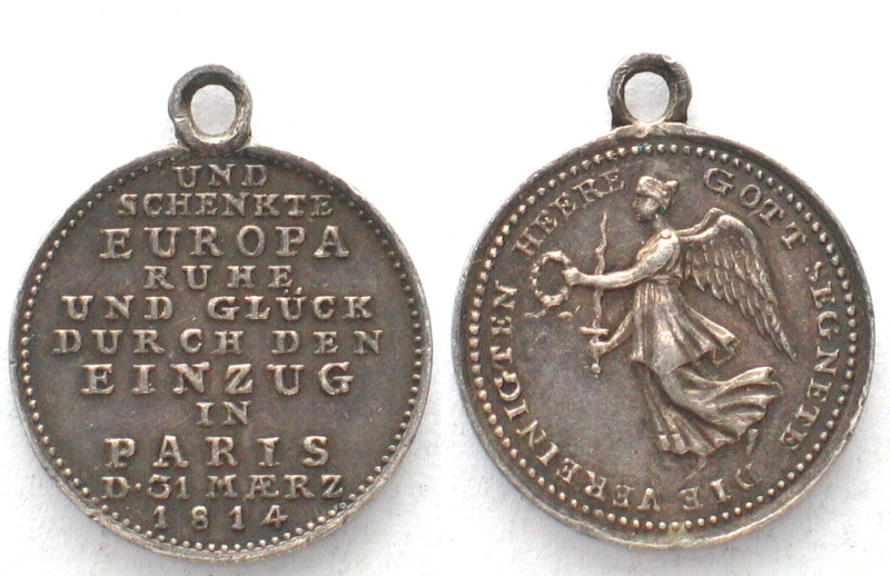 EINZUG IN PARIS 1814. Siegespfennig v. LOOS, Silber, 15mm Miniature medal from t...