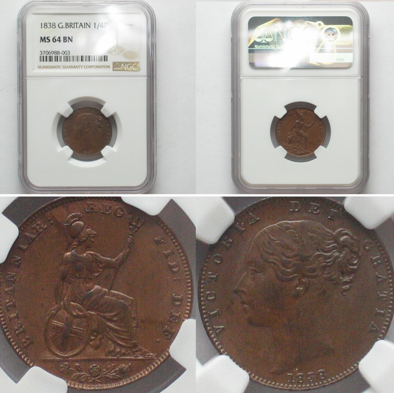 GREAT BRITAIN. Farthing 1838 VICTORIA, copper, NGC MS 64 BN, KM # 725