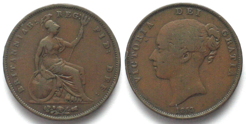 GREAT BRITAIN. 1 Penny 1853, Victoria, copper, VF. KM# 739.