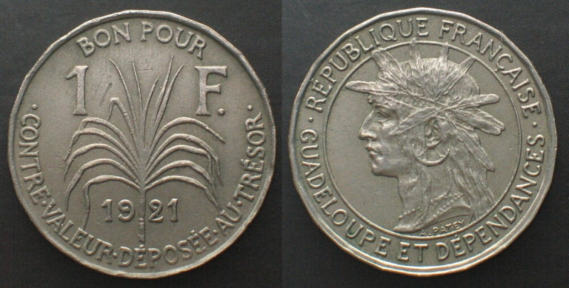 GUADELOUPE. 1 Franc 1921, Cu-Ni, AU! Lecompte 58, KM# 46.