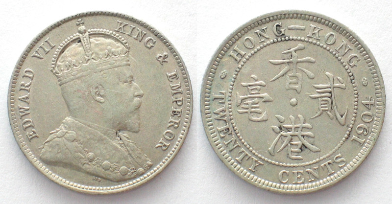 HONG KONG. 20 Cents 1904, Edward VII, silver, AU! KM # 14.