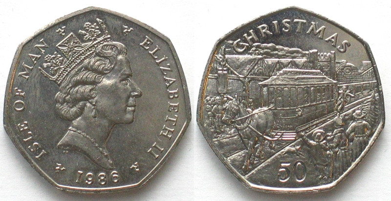 ISLE OF MAN 50 Pence 1986 AA CHRISTMAS Cu-Ni UNC, SCARCE! KM# 172.