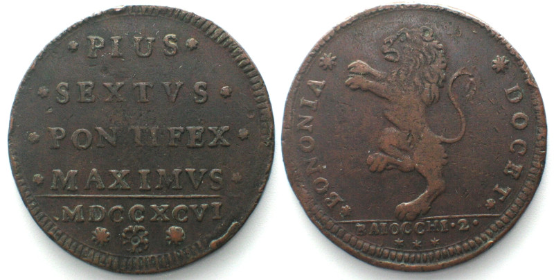 PAPAL STATES - BOLOGNA. 2 Baiocchi 1796, PIUS VI, copper, aXF. KM# 323.