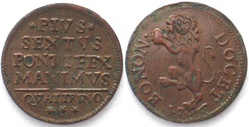 PAPAL STATES - BOLOGNA. Quattrino 1796, PIUS VI, copper, XF! KM# 325.