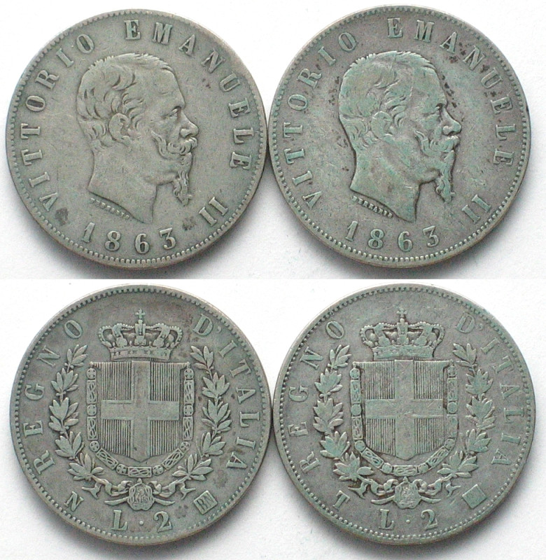 ITALY. 2 Lire 1863 N & 2 Lire 1863 T, Vittorio Emanuele II, silver, VF, KM# 6a.1...