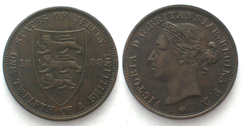 JERSEY 1/12 Shilling 1888 VICTORIA bronze AU! KM# 8.