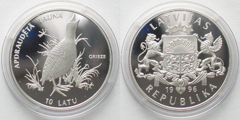 LATVIA. 10 Latu 1996, Grieze bird, silver Proof. KM# 33. Weight: 31.47 (0.925).