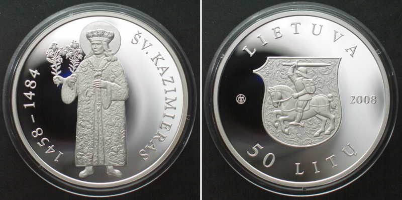 LITHUANIA. 50 Litu 2008, St. Casimir, silver, Proof. KM# 154.