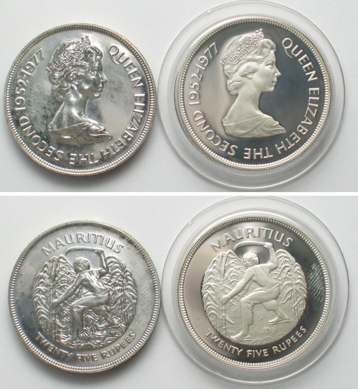 MAURITIUS. 2 x 25 Rupees 1977, Silver Jubilee, Elizabeth II, silver, PL & Proof,...