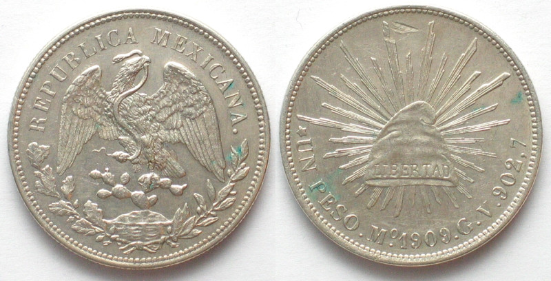 MEXICO. Peso 1909, GV Mo, MEXICO CITY, silver, UNC-! KM # 409.2. Tiny scratches