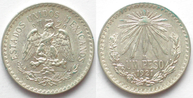 MEXICO. Peso 1921, silver, scarce date! UNC-. KM # 455.