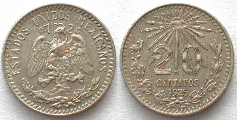 MEXICO. 20 Centavos 1925, silver, AU. KM # 438.