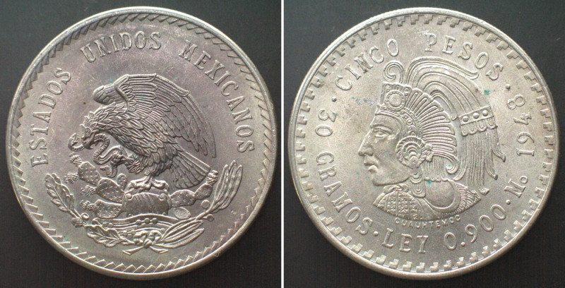 MEXICO. 5 Pesos 1948, CUAUHTEMOC, silver, satin flan, UNC! KM# 465.