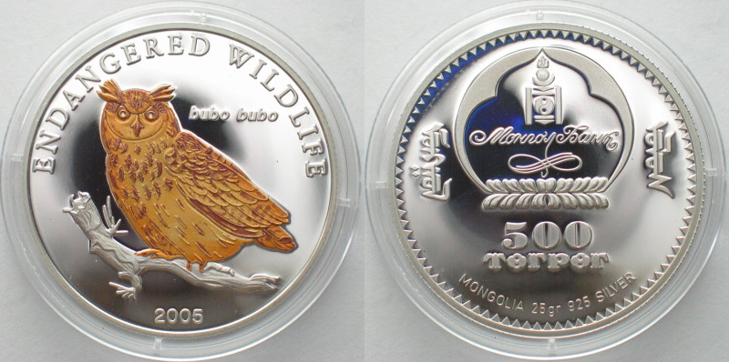 MONGOLIA. 500 Tugrik 2005, Eagle Owl, ENDANGERED WILDLIFE, silver, colored Proof