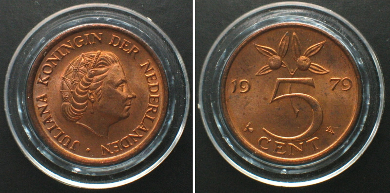 NETHERLANDS. 5 Cents 1979, Juliana, bronze, PROOF. KM# 181.