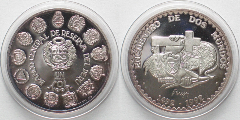 PERU Nuevo Sol 1991 Discovery IBERO-AMERICA silver Proof SCARCE! , KM# 327. Weig...