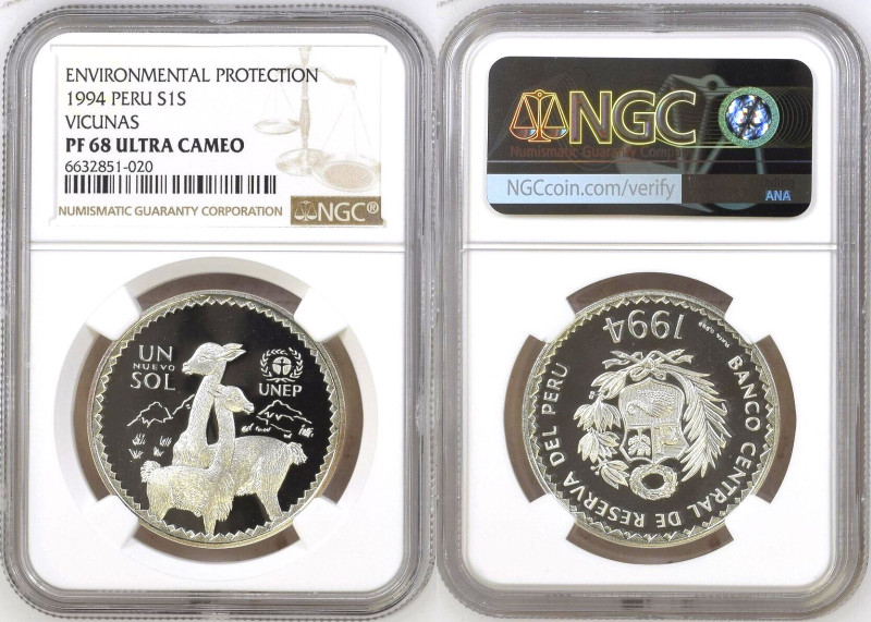 PERU. Nuevo Sol 1994, VICUNAS, ENVIRONMENTAL PROTECTION, silver, RARE! NGC PF 68...