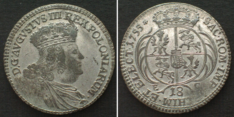 POLAND. 18 Groszy 1755 EC, Leipzig mint, AUGUST III, small bust, billon, UNC-!!!...